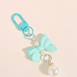 Aqua Bow Keychain with Pearl Charm